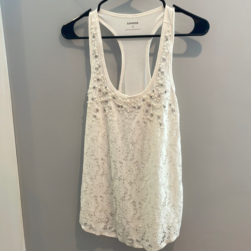 Size Medium Express Tank Top white with glitter